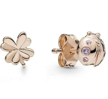 

Genuine 925 Sterling Silver Earring Rose Four Leaf Clover And Ladybird Stud Earrings For Women Wedding Fashion Jewelry