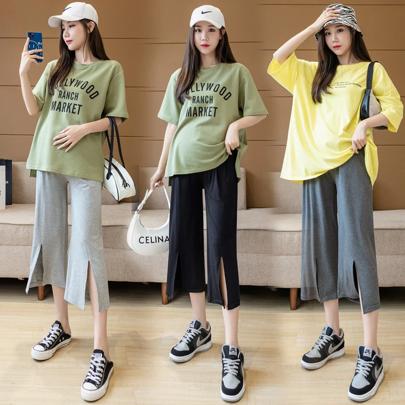 

2023 summer new pregnant women wide leg modal pants mid-calf abdomen slacks plus size maternity capris trousers straight pants