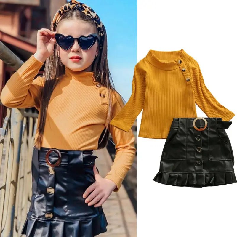 

Toddler Baby Girls Sets 1-6Y Solid Color Knitted Long Sleeve Tops Sweater + Button Leather PU Skirt 2Pcs Autumn Outfits Set