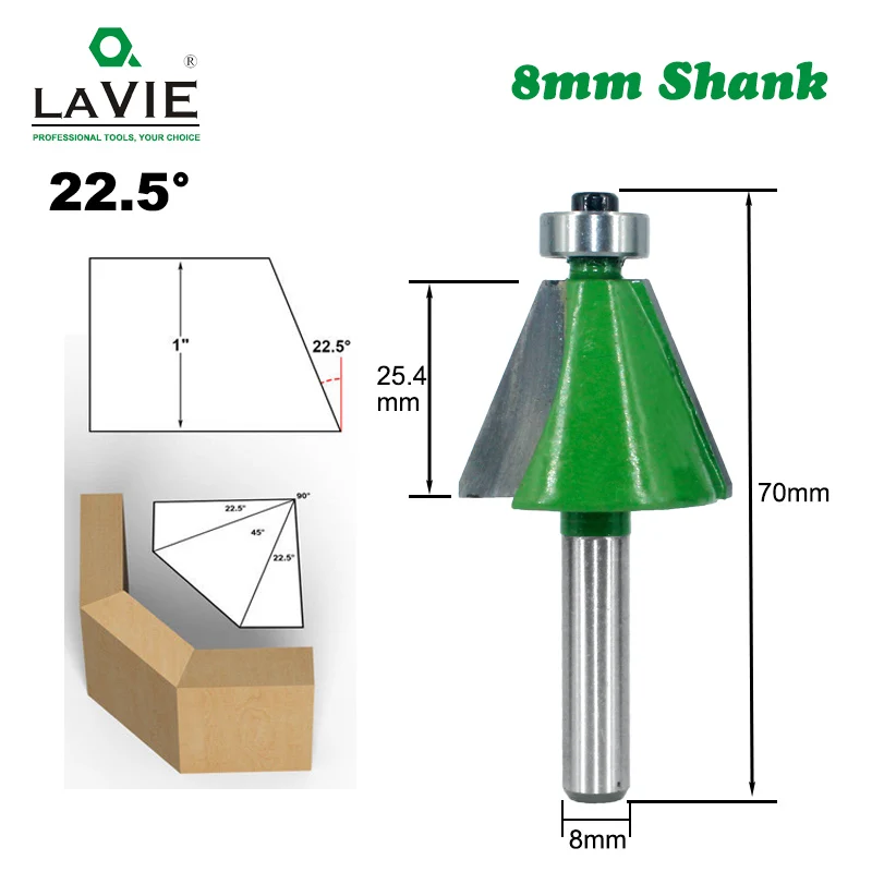  LAVIE 1pc 8mm Shank Chamfer Router Bit 22.5 Degree Bevel Edging Milling Cutter for Wood Woodorking 