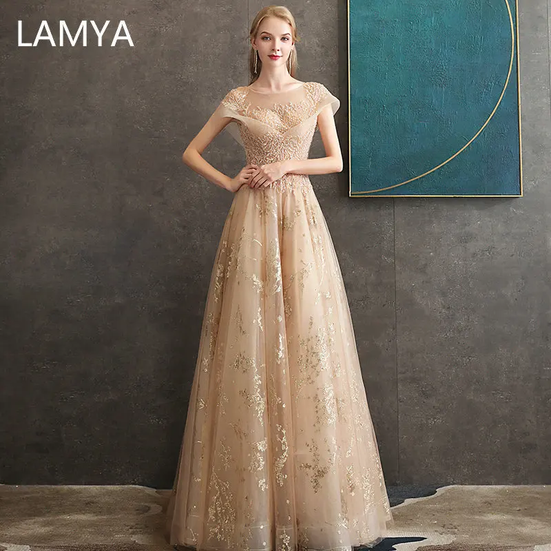 LAMYA Новые Вечерние платья с круглым вырезом, расшитые блестками, элегантные роскошные длинные платья с жемчужинами и бусинами, платья для выпускного вечера размера плюс