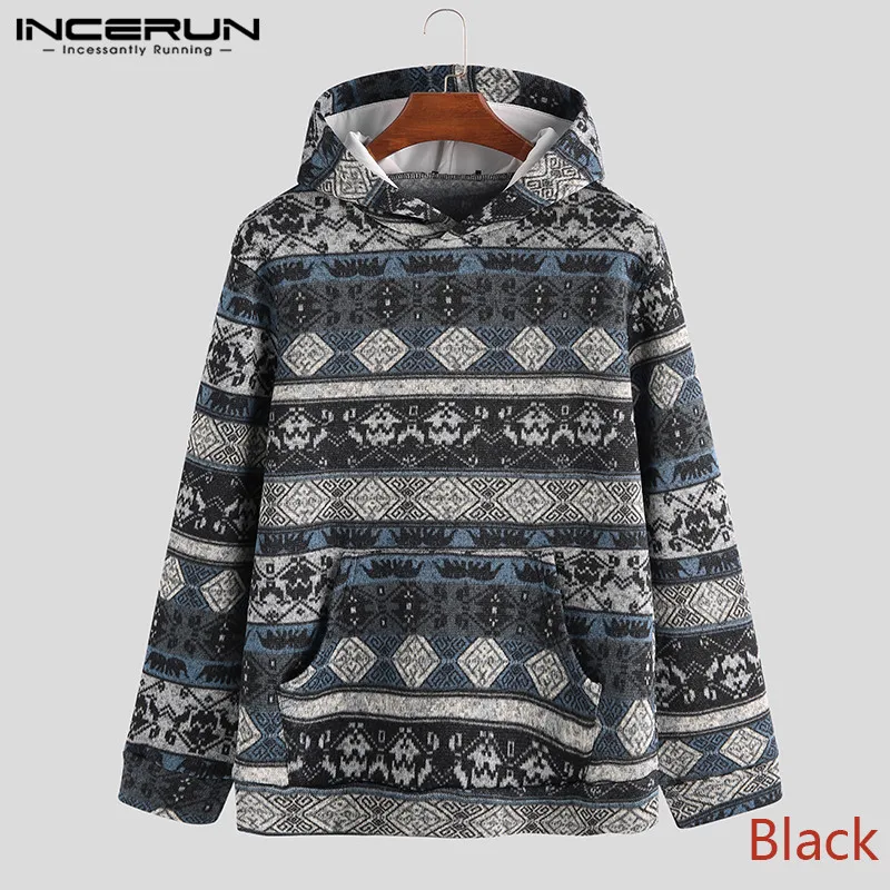 Black Hoodies Осень-зима, мужские толстовки, этнический стиль, с принтом, с капюшоном, трикотажные, уличная одежда, пуловеры, модные, с длинным рукавом,, Мужская толстовка, INCERUN - Цвет: Black Hoodies