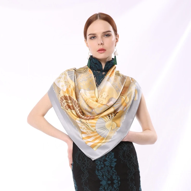 

Silk silk crepe satin 110cm square towel with Classic Fan design in Chinese style