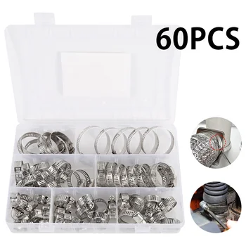 

60pcs Stainless Steel Hose Clamp Adjustable Fuel Line Worm Size Clip Hoop for Band Clamp Metal Fastener Assortment Kit