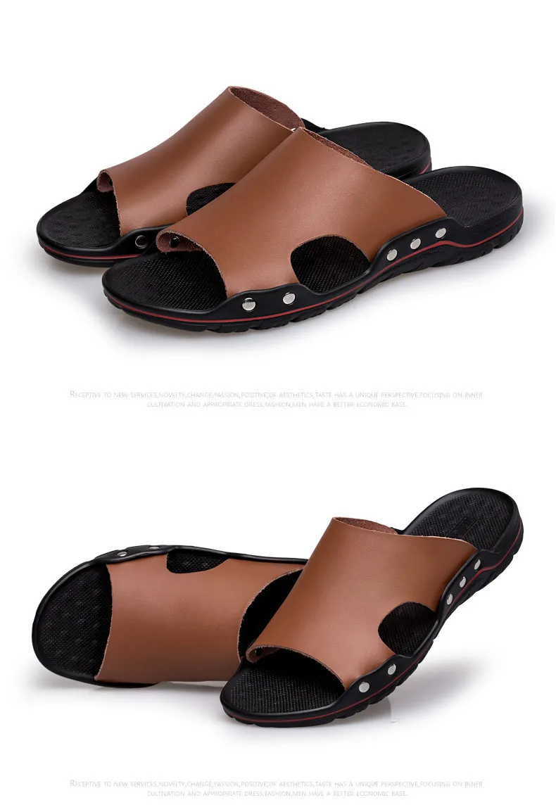 Men Slippers Summer Flat Summer Man Shoes Breathable Beach Slippers Split Leather Flip Flops Mens Slippers Size 38-48