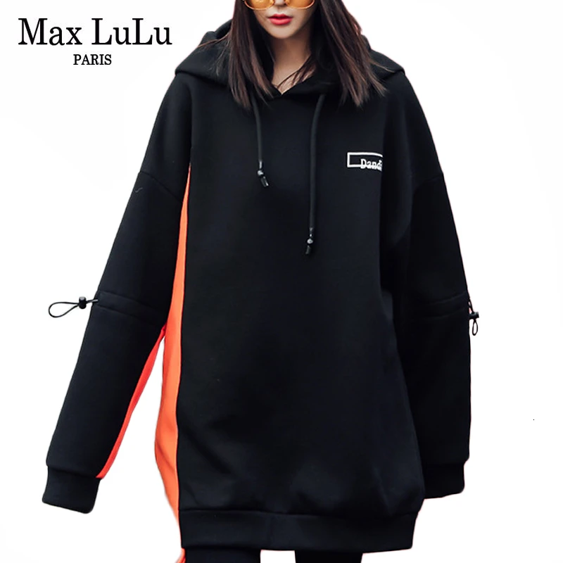 Max LuLu, модная Корейская женская зимняя теплая одежда, Женская Лоскутная меховая толстовка с капюшоном, Повседневная Свободная Длинная толстовка с принтом