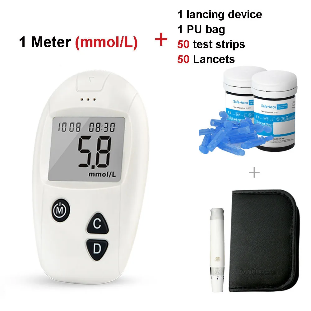 mmol L meter kit 50 Глюкометр Sinocare Safe-Accu, комплект для измерения уровня глюкозы в крови, с 50 или 100 тест-полосками и ланцетами, медицинский прибор для диабетиков, соответствует требованиям ЕС - Цвет: mmol L meter kit 50