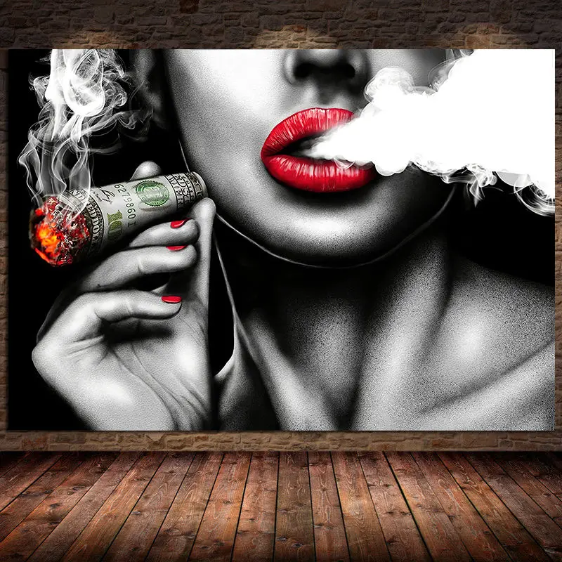 5.05US $ 45% OFF|Red Lips Smoking Characters Vintage Canvas Painting Women ...