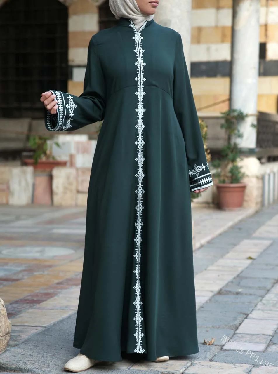 green Элегантное мусульманское платье с вышивкой; вечернее платье; Vestidos; кардиган-кимоно; длинные халаты; Jubah; Ближний Восток; Eid Ramadan Islamic - Цвет: green