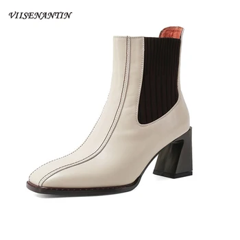 

New Leather High-heeled Thick Heel Square Toe Short Boots Chelsea Boots Fashion Knitted Sleeve Ankle Boots for Women High Heel