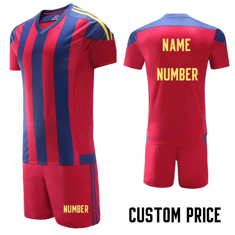 Red B Custom Price Полосатые футбольные майки для мужчин, женщин и мальчиков, комплекты, Детский молодежный футбольный комплект, униформа для тренировок, костюмы, футболка и шорты на заказ - Цвет: Red B Custom Price