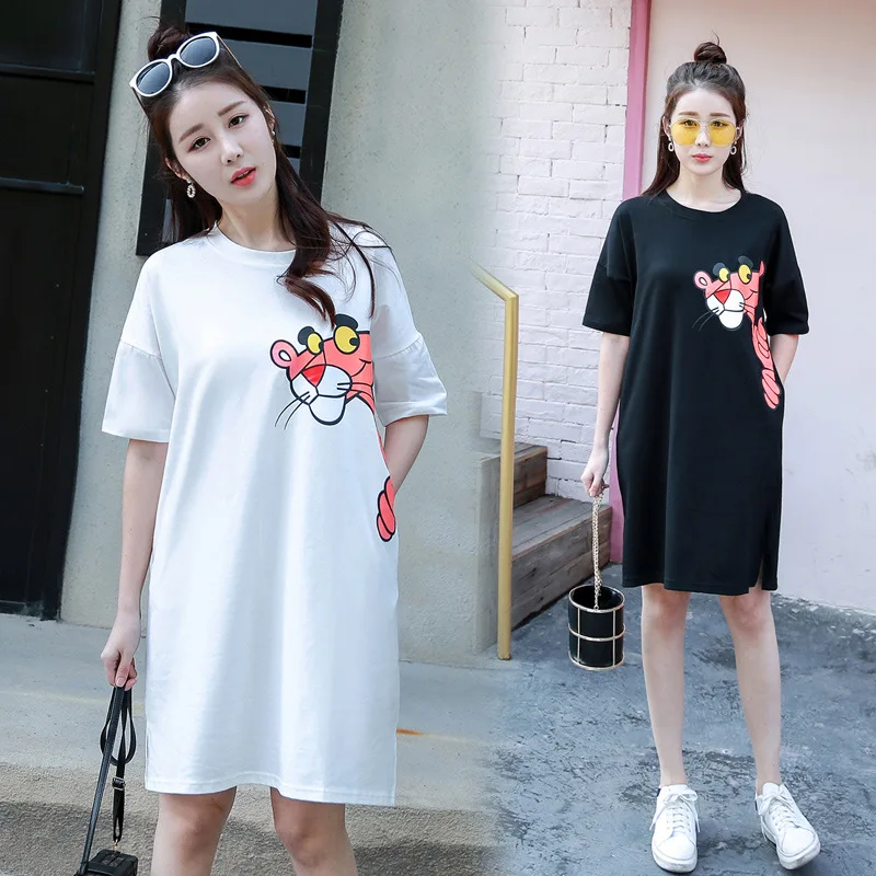 

2019 Spring Summer New Style Fat Mm Large Size Dress Maternity Clothes Fashion Cartoon Loose-Fit Pregnant Women Long Dress