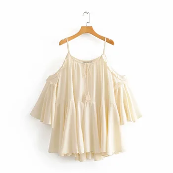 

2020 Early Spring New Women's Loose Thin Skinny Wild Off-the-shoulder Strap Baby Doll Ruffle Sleeve Short Dress