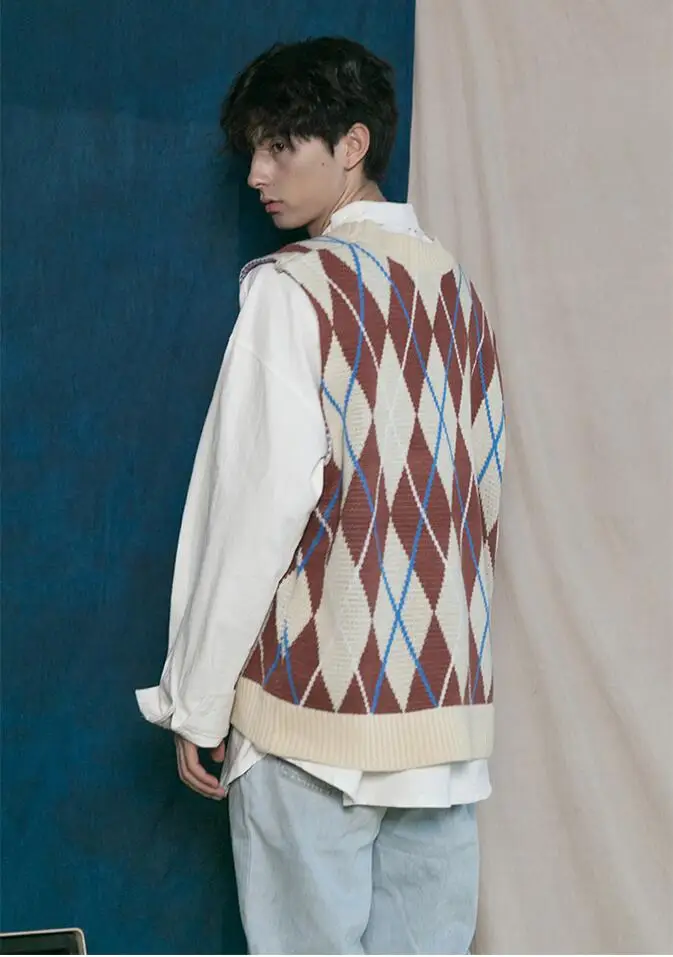 Хорошее качество! Осенне-зимний мужской вязаный жилет контрастного цвета с бриллиантами, кардиган в стиле пэчворк, жилет, винтажный уличный стиль, пальто tb3817