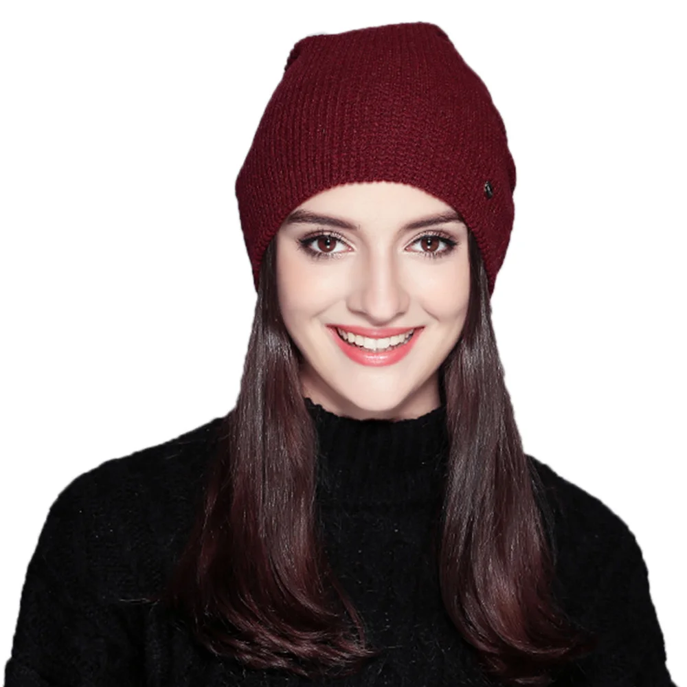 wine red Теплые женские вязаные шапки высокого качества, вязаные крючком шапочки для девочек, зимняя шапка с вышивкой из перьев, вязаная шапочка из хлопка, женские шапочки - Цвет: wine red