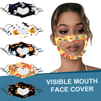 

2PCHalloween Print Heart Mask With Clear Window Expression For Deaf Mute People Face Mask Mouth Mask Cloth Mouth Mask Reuseable