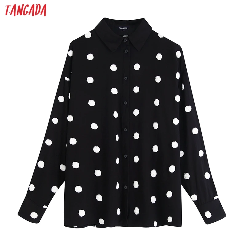 Tangada Женская винтажная негабаритная блузка в горошек с вышивкой Женские повседневные рубашки с длинным рукавом Топы blusas BE16