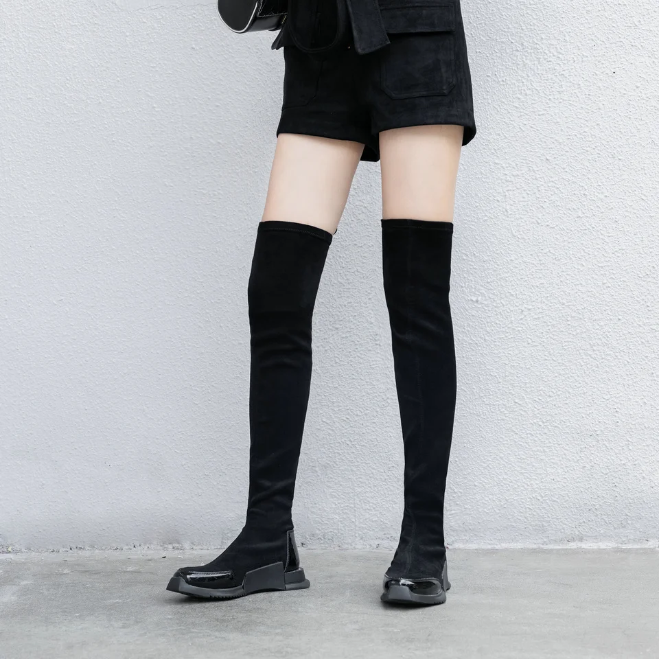 EshtonShero/обувь женские сапоги выше колена, на низком квадратном каблуке, без шнуровки, эластичные зимние черные женские мотоциклетные ботинки Размер 3-8