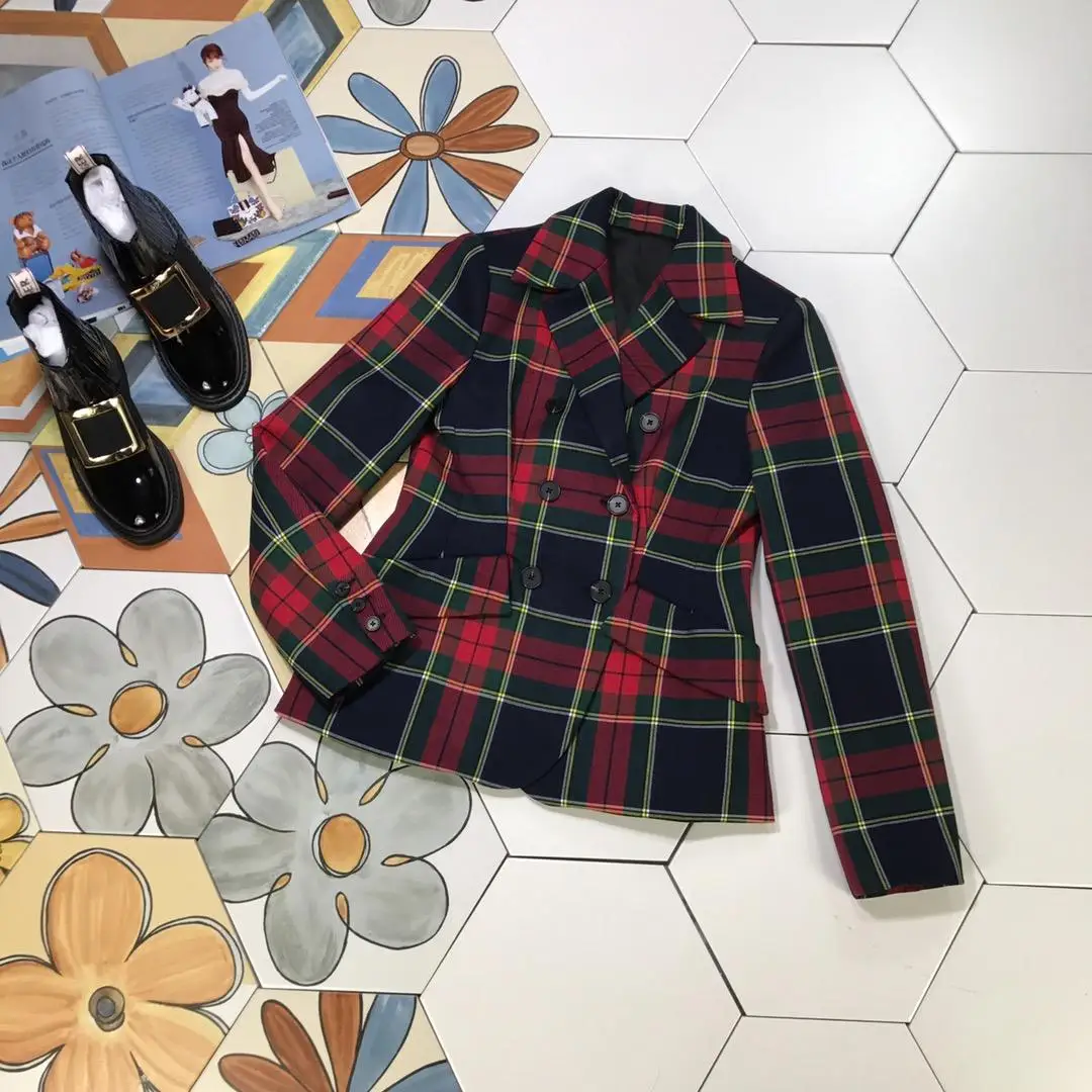 

2019 autumn and winter ladies new classic contrast color check double-breasted jacket 906