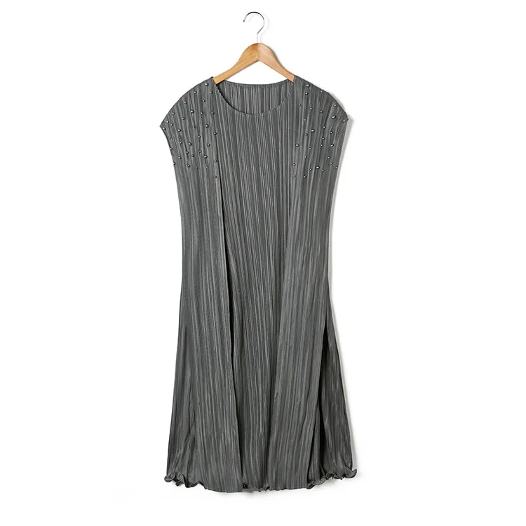 Горячая модное Miyake складное однотонное платье с коротким рукавом и круглым вырезом, расшитое бисером платье с оборками - Цвет: Серый