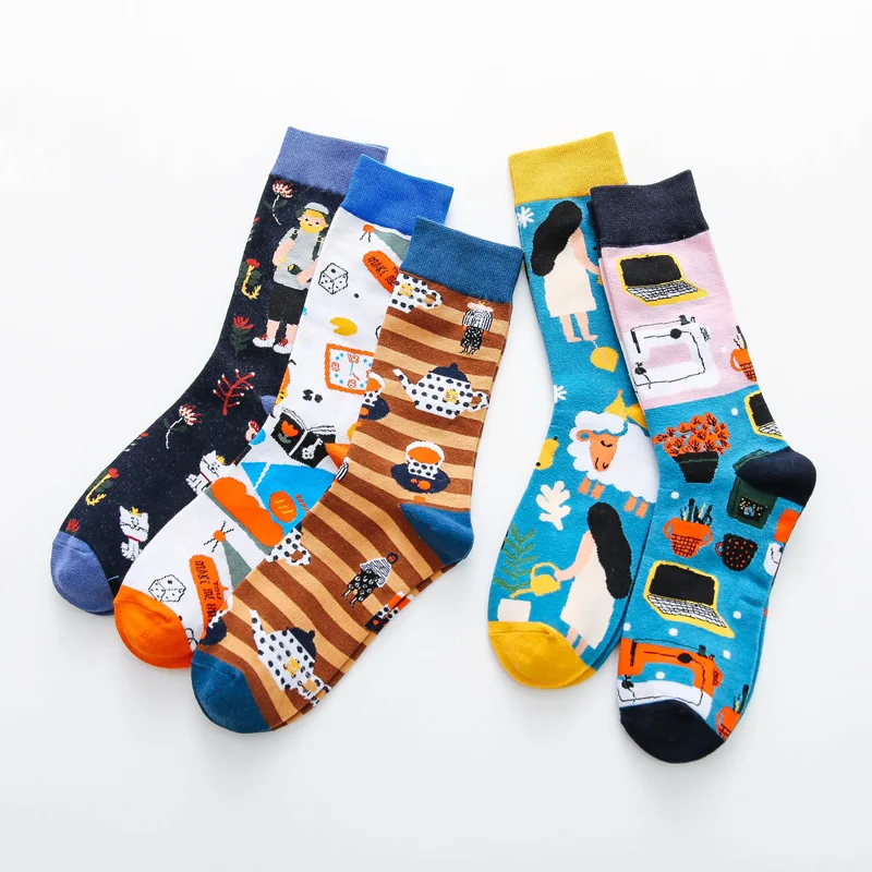 Женские счастливые носки Красочные Креативные носки с персонажами из мультфильмов Носки с рисунком тенденция носки для девочек хлопок Для мужчин носков стандартной длины сумо зимняя х/б носки 5 пар/компл