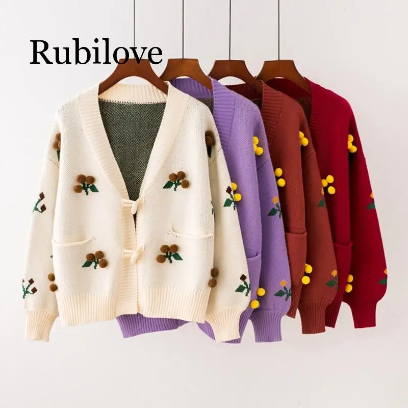 Rubilove, женские свитера, новинка, осень и зима, с роговыми пряжками, вязаный кардиган, свитер, милый, с помпонами, с цветами, женский кардиган, пальто