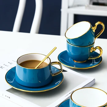 

Europe Luxurious Bone China coffee cups and saucers porcelain tea cup Blue espresso cups with spoon Household coffee tableware