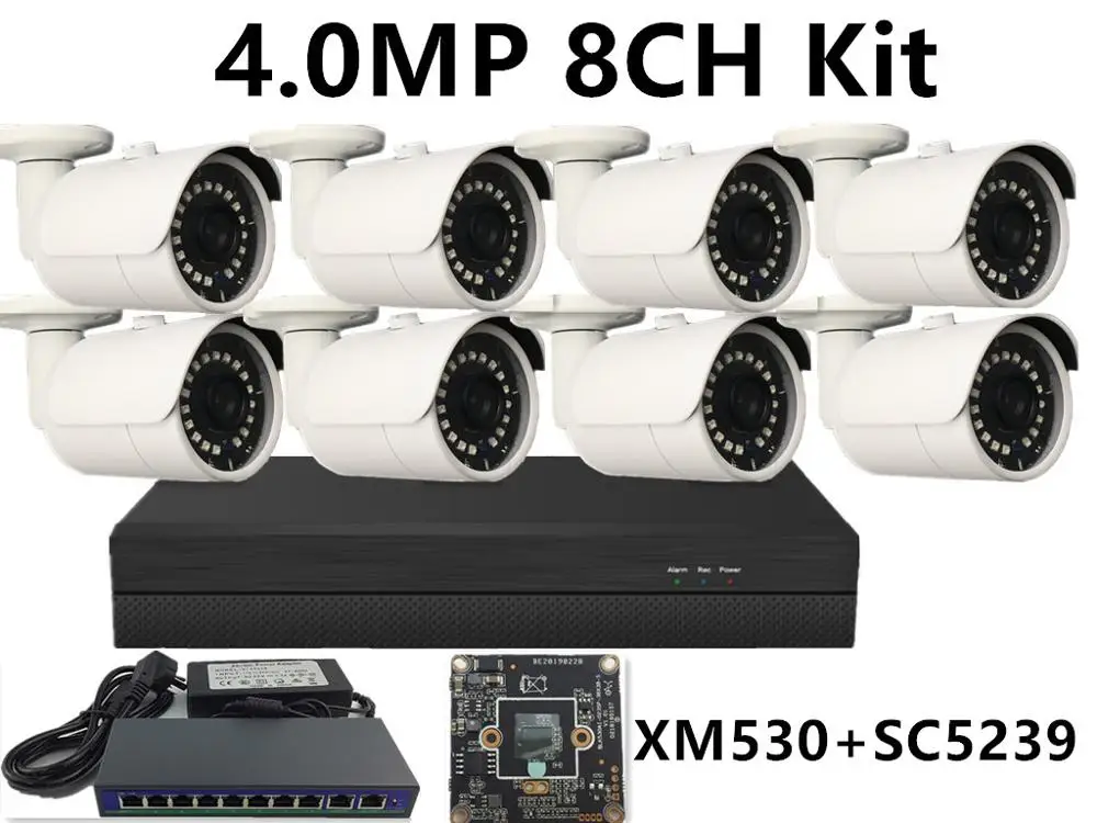 8CH IP комплект видеонаблюдения IP Металлическая Цилиндрическая камера видеонаблюдения 5.0MP 4.0MP 3.0MP 2.0MP IP66 Водонепроницаемый 16*5 Мп NVR 48 V/Свитч PoE IP камера ONVIF P2P облако - Цвет: 4.0MP XM530 SC5239