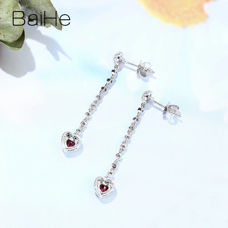 BAIHE Твердое 14 к белое золото 0.40ct натуральный рубис 0.25ct H/SI натуральные бриллианты модные ювелирные украшения красивые серьги-гвоздики в форме сердца