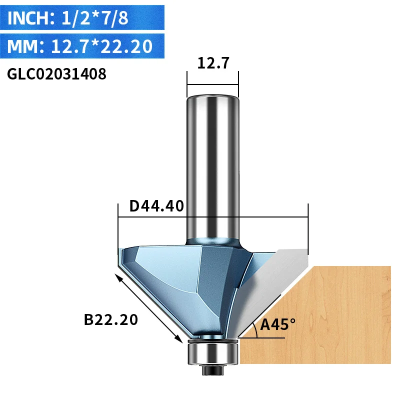 12.7 x 22.2 mm LIDIAO 1 шт. 1/2 ''деревообрабатывающий фреза 45 ° фаска бит с подшипником конической фрезы для дерева Концевая фреза для обрезки машины - Длина режущей кромки: 12.7 x 22.2 mm
