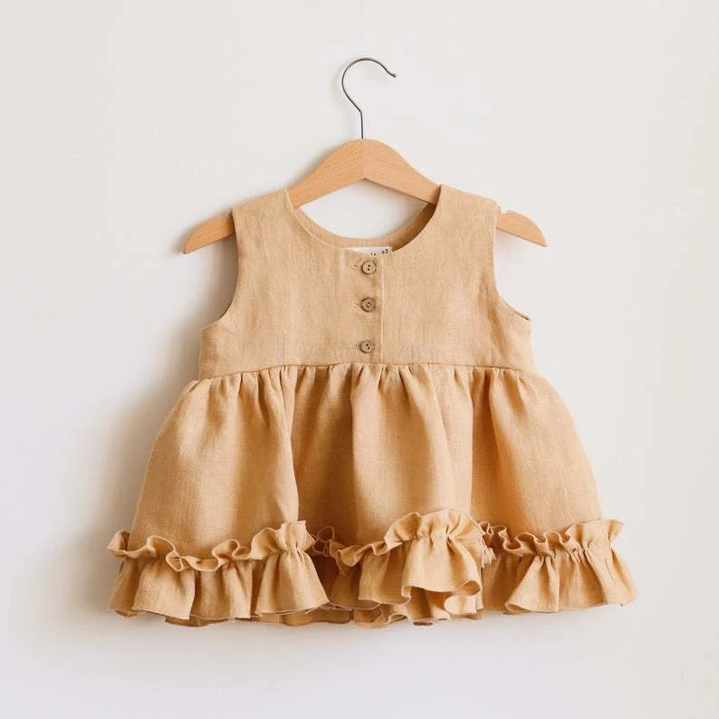 One Set Baby Girls Dress Suits 0-2T Summer Cotton Linen Rayon Solid Color Vest Sleeveless Skirt Princess Style Ruffles Lace