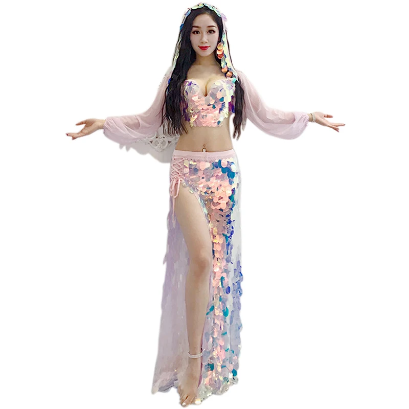 

Sexy Eastern Women Oriental Belly Dance Costume Dresses 2pc Suit Big Sequins Top Bra Long Skirt Girl Bellydance Dancing Clothes