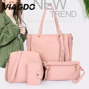 

Capacity Bags Tassels Leather Women 4Pcs/1Set Lady Purse Shoulder Bag Handbag Satchel Elegant
