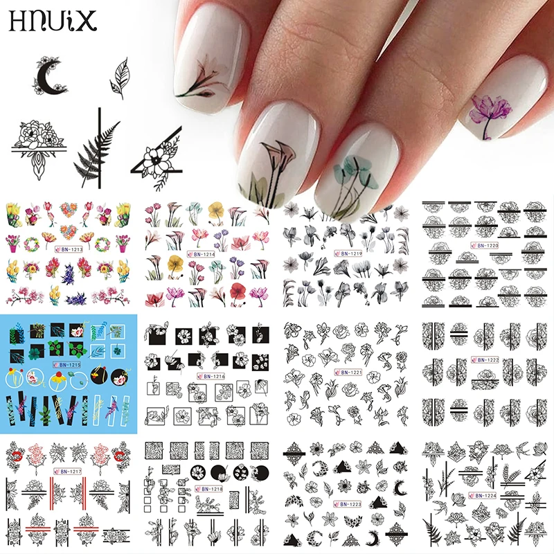 

HNUIX1 2 Designs Nail Stickers Set Mixed Floral Geometric Sexy Girl Nail Art Water Transfer Decals Tattoos Sliders Manicure