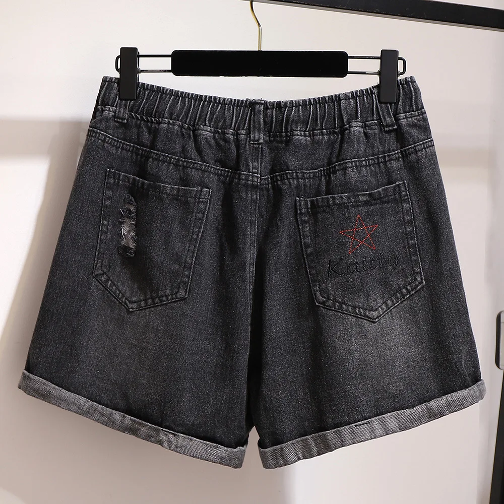 New 2021 Spring Summer Plus Size Denim Shorts For Women Large Loose Casual Elastic Waist Hole Shorts Black Belt 4XL 5XL 6XL 7XL