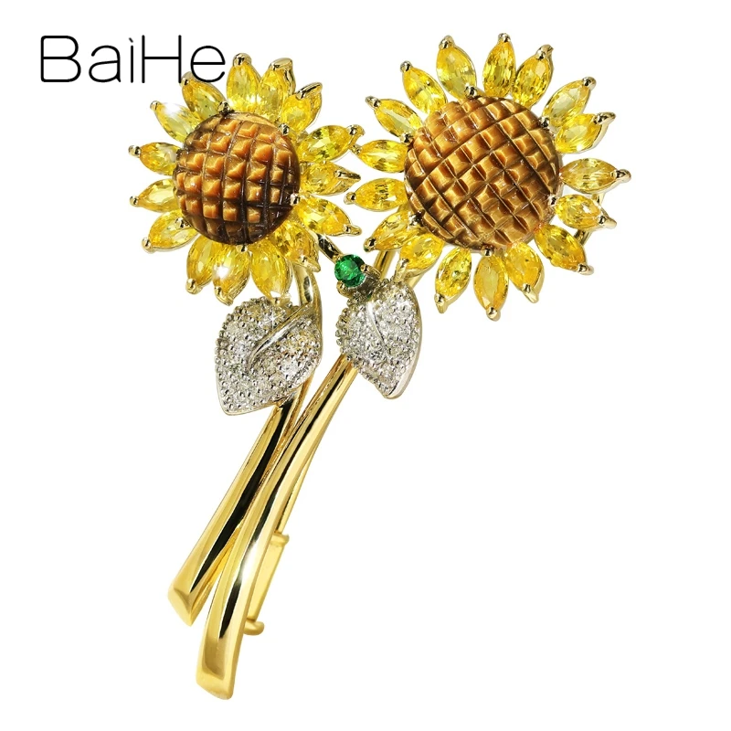 BAIHE Solid 14K White+Yellow Gold Natural Diamonds+Tiger's eye+Tsavorite+Yellow Sapphirs Fine Jewelry Sun flower Pendant брошь |