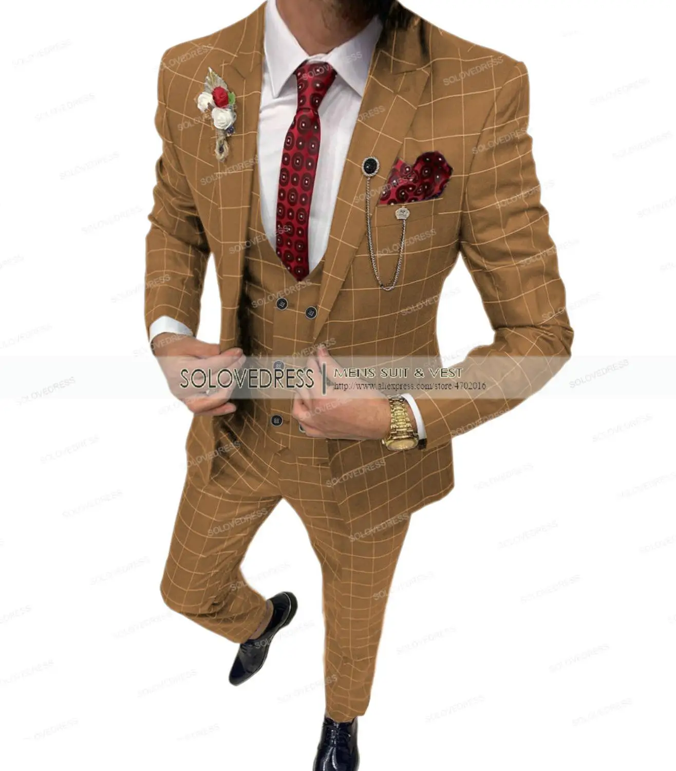 Royal Blue Casual Men's Suit Slim Fit Type 3 Pieces Double Breasted Breathable TR Plaid Thin Prom Dress Jacket Party Travel