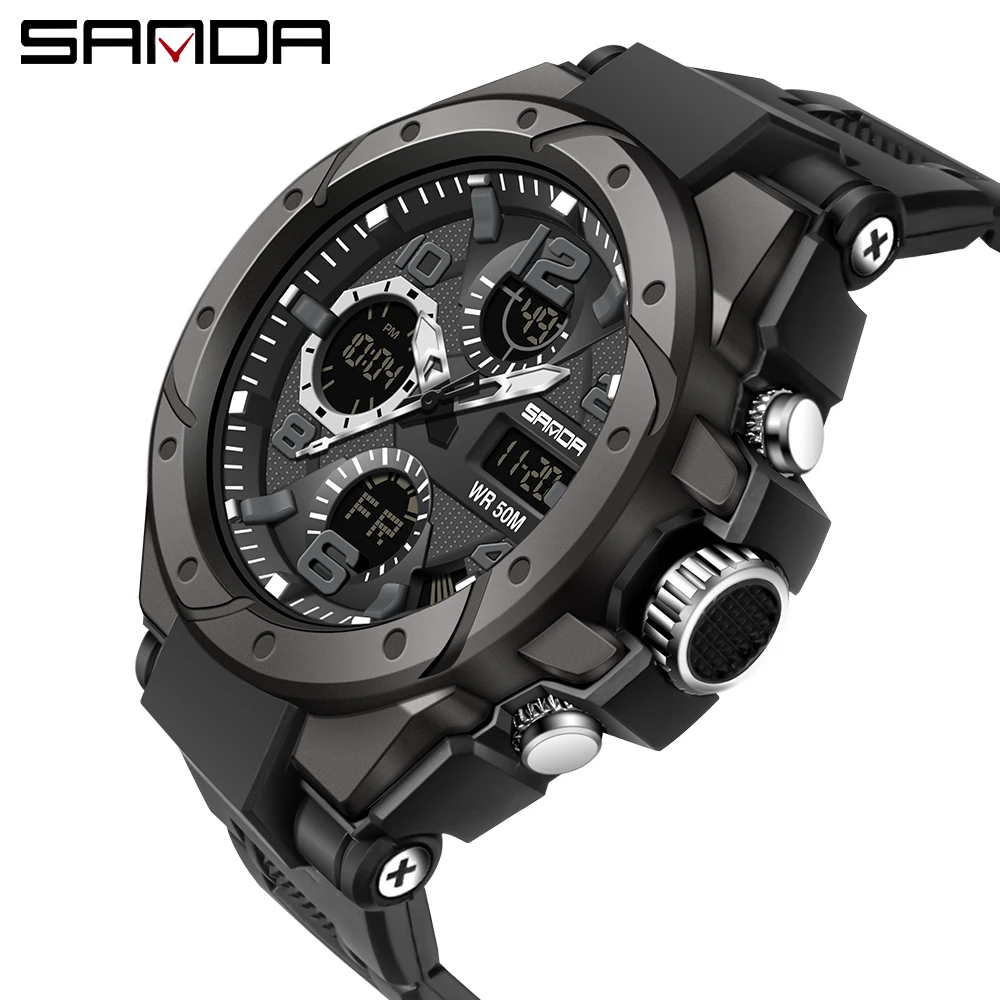 SANDA Top Sports Men's Watches Military Quartz Dual Display Watch Men Waterproof S Shock Timing Male Clock relogio masculino