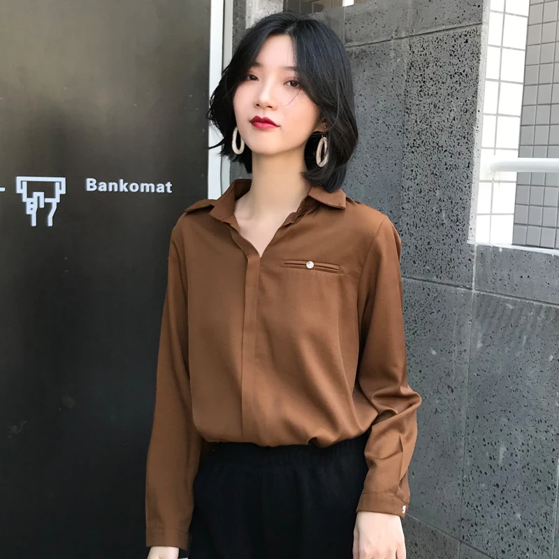 Новинка осень винтажные женские рубашки свободные Hong Flavor дизайн ниша блузка рубашка коричневый белый 5312
