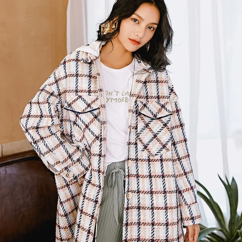 

2019 Women's Winter New Retro English Plaid Hat Thickened Warm Woolen Coats and Jackets Women