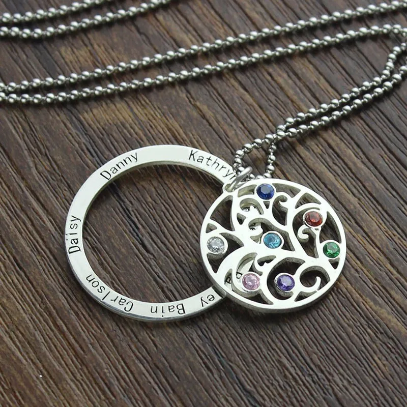 XiaoJing 925 пробы Серебряное ожерелье «Древо жизни», индивидуальное семейное имя и камень по месяцу рождения, хорошее ювелирное изделие, подарок на день матери