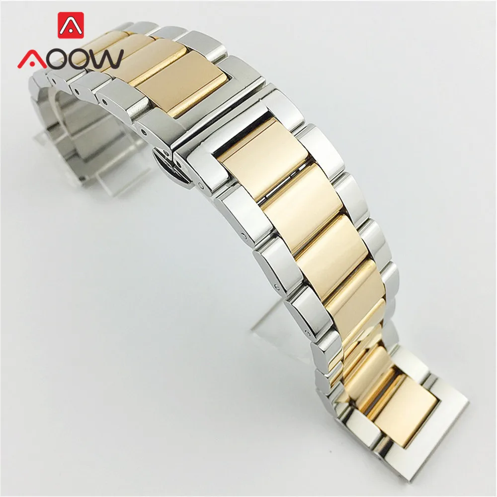 Silver and Rose gold Полированный металлический ремешок для часов из нержавеющей стали 16, 18, 20 мм, 22 мм, 24 мм, 26 мм, застежка-бабочка, быстросъемный Одноцветный ремешок, браслет - Цвет ремешка: Silver and Rose gold