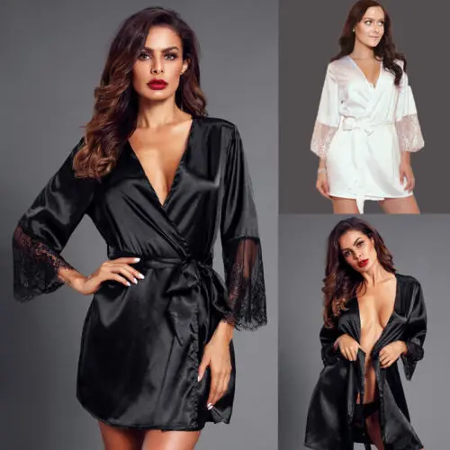 Hirigin Women Sexy Lace Lingerie Dressing Gown Nightwear Bridesmaid Robes Underwear Satin Robe Bathrobe Sleepwear Vintage