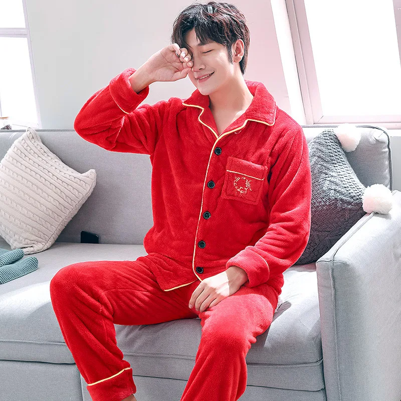 

Bright Red Pajamas Men Autumn & Winter Coral Velvet Marriage Festive Year of Fate Set Men's Flannel Tracksuit