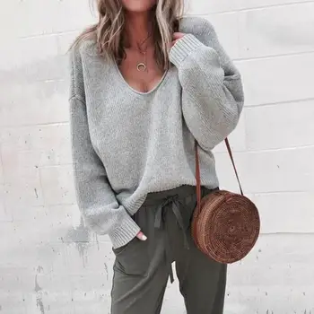 

Casual Knitted Sweater Women Streetwear V Neck Long Sleeve Pullovers 2019 Autumn Winter Fashion Loose Women's sweater