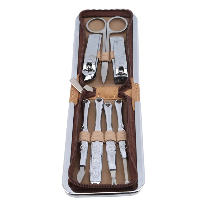 Brown Stainless Steel Manicure Knife Manicure Tool Kits Nail Clippers Nail Clippers Scissors Cuticle Pusher Suit Set 7 PCS/Set