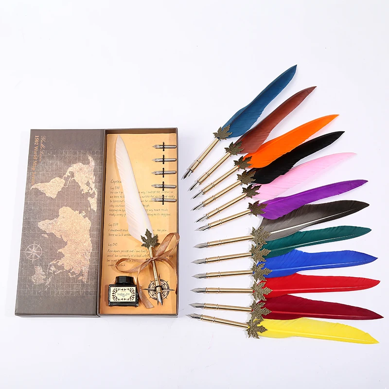 New European British wind long hair leaf pole feather pen, + five replacement nib + one bottle of ink