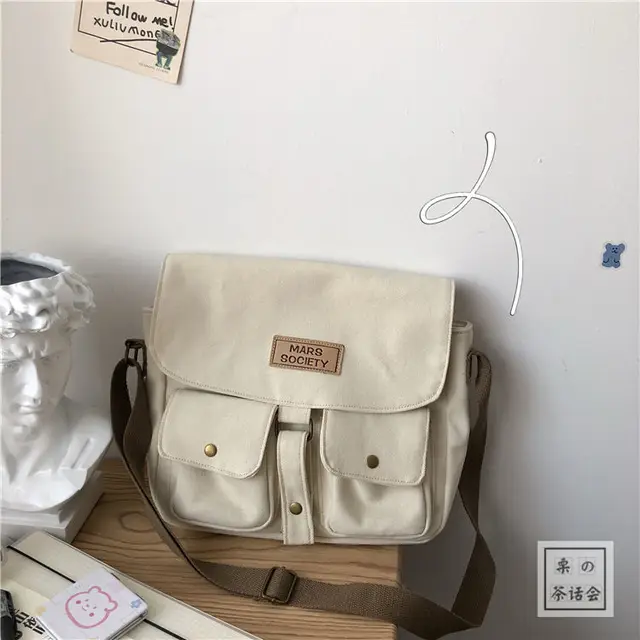 Women's Canvas Bag Japanese Department Harajuku Windsuit Messenger Bag Female Korean Students Shoulder Bags Double pocket white