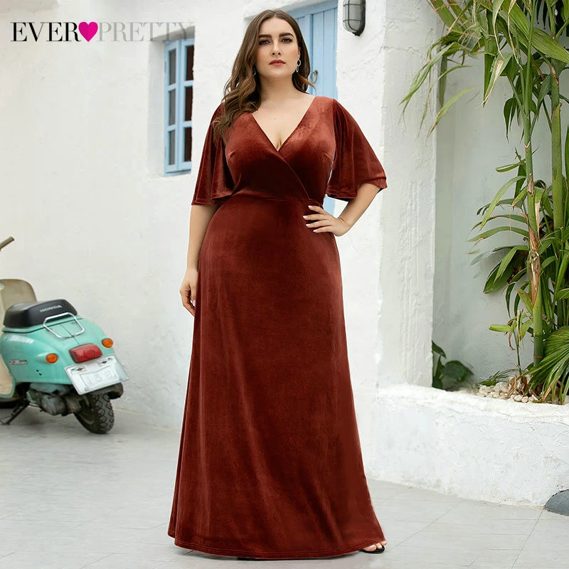 Большие размеры велюровые Выпускные платья Ever Pretty A-Line с двойным v-образным