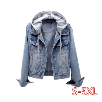 

Large Size Denim Short Coats 2020 Spring Autumn Vintage Denim Top Slim Detachable Hooded Jacket Casual Female Jeans Jacket 5XL